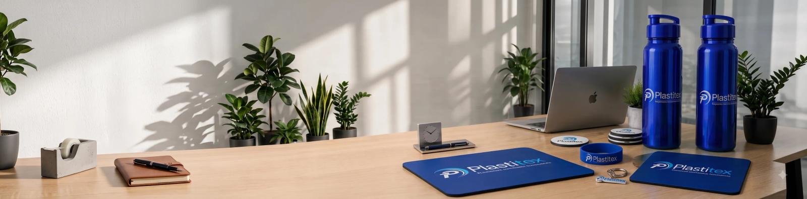 Set de merchandising Plastitex sobre un escritorio: tomatodo, mousepad, llavero y laptop